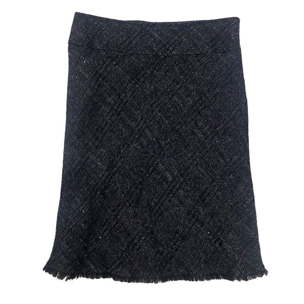 Burberry London Black Gray Plaid Fringe Hem Wool Blend Skirt Size US 10
